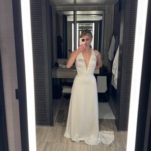 Jenny Yoo White Halter-Neck Maxi Dress with Plunging V-Neck